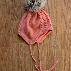 Charming Coral Knit Kids Hat with Faux Fur Pom